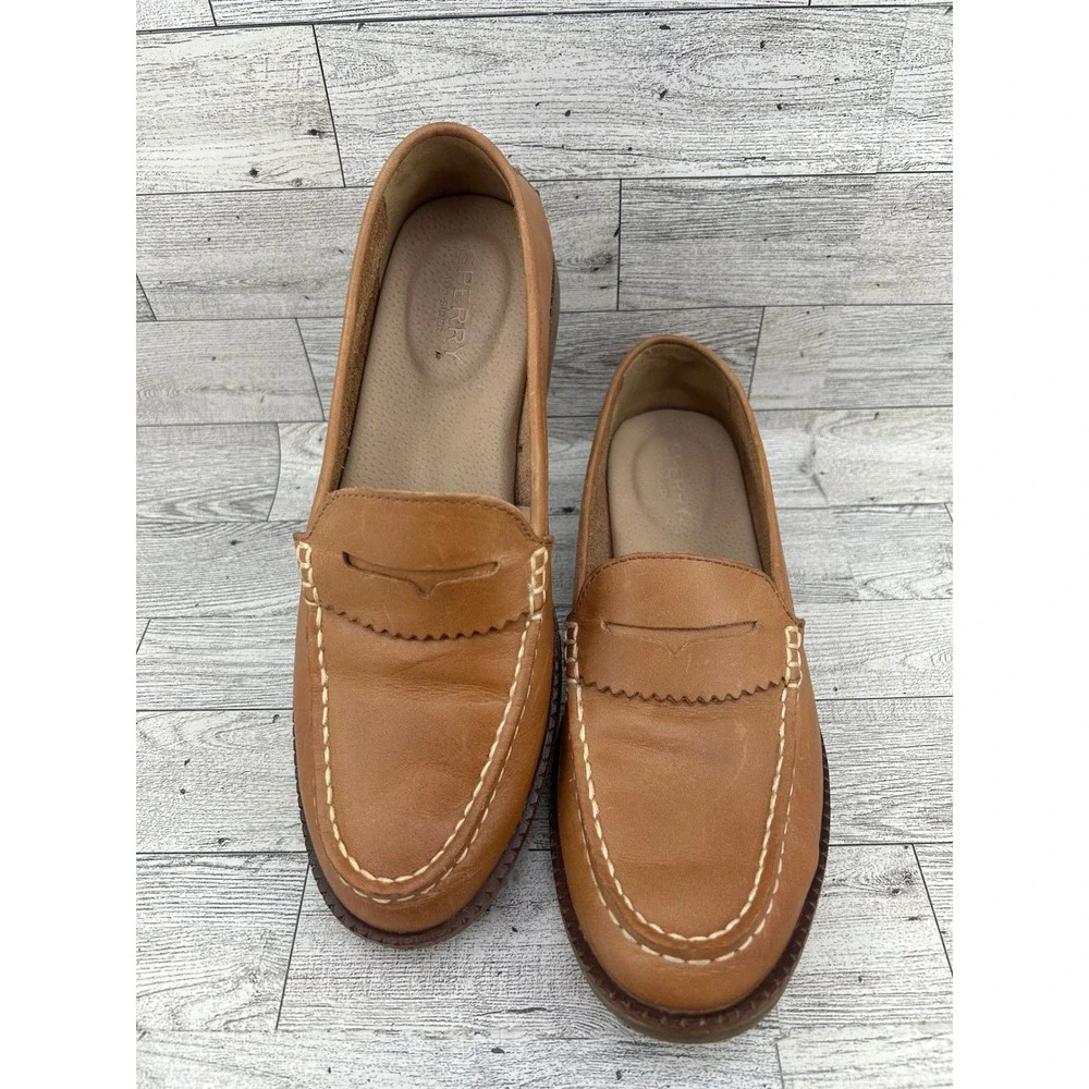 Sperry Seaport‎ Penny Loafers Women Size 7 Tan Leather Slip On Shoes STS82848